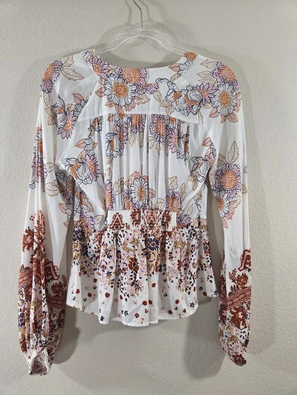 FREE PEOPLE Run Free Boho Mixed Floral Print Tie Front Long Sleeve Tunic Blouse